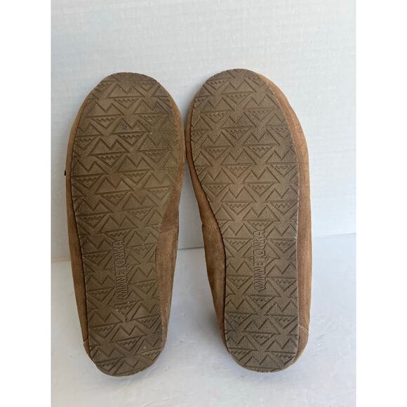 Minnetonka Cally Brown Suede Slip On Faux Fur Lined Bow Flat Slipper Shoes Sz 10 - Picture 10 of 11